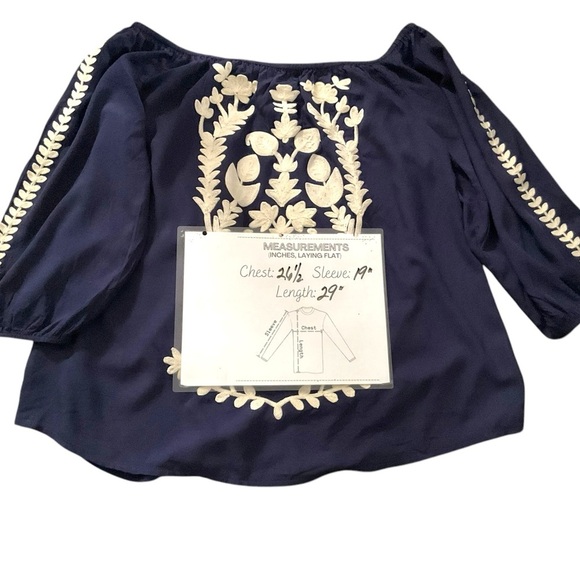 Solitaire Navy Blue Ivory Blouse Top SZ 1X‎ Women Embroidery Off Shoulder Boho - Picture 5 of 5